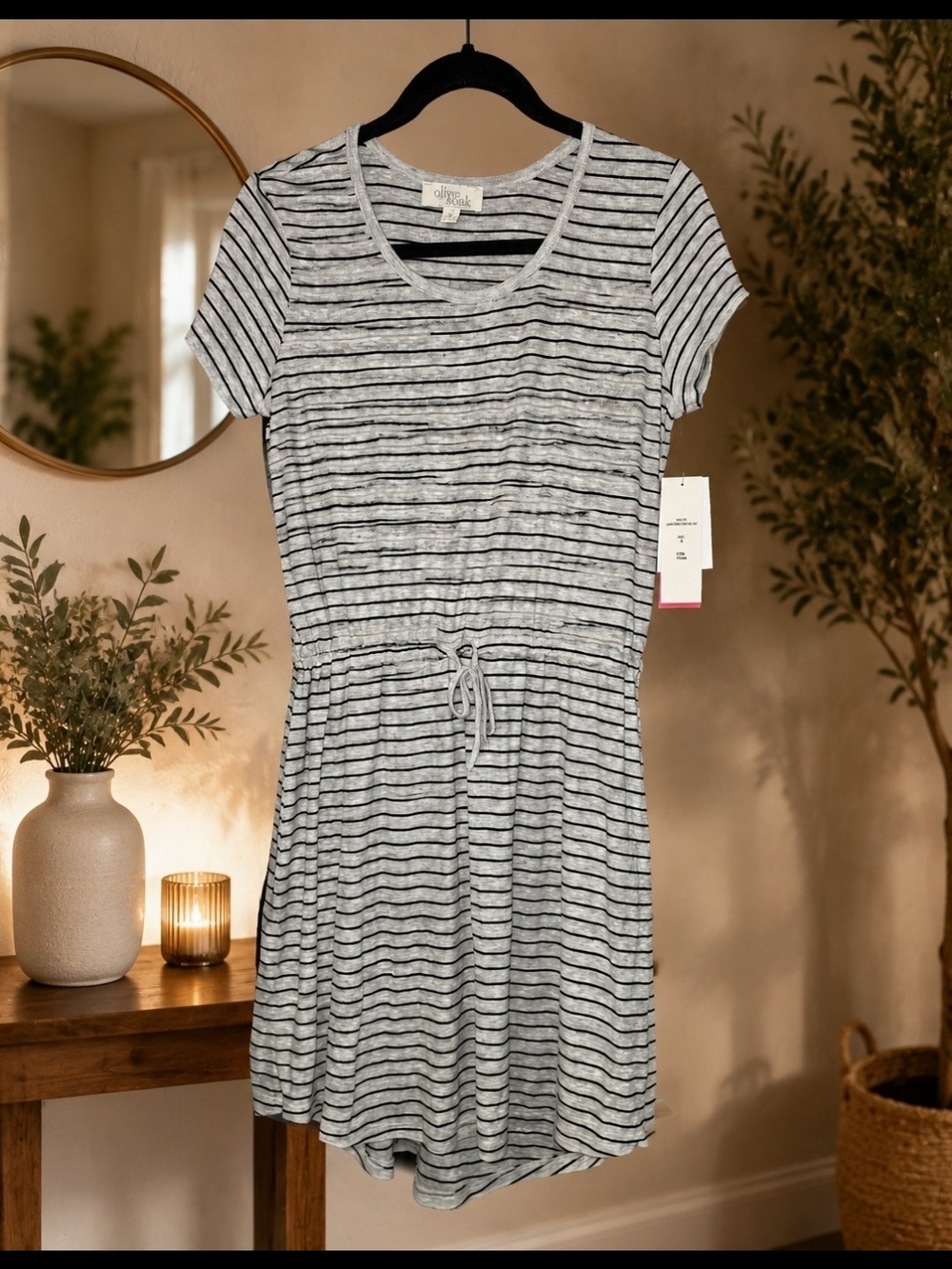 Olive & Oak Gray & Black Striped Short Sleeve Drawstring Mini Dress